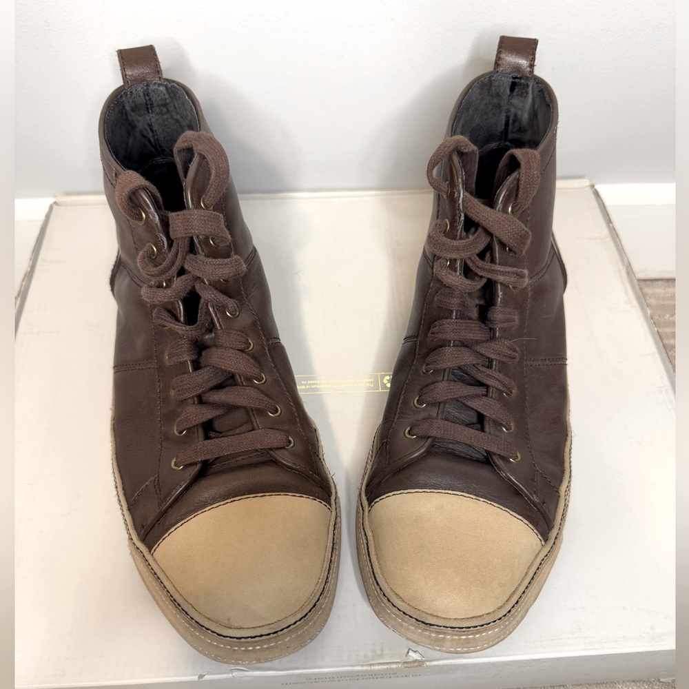 John Varvatos Men’s Mick Brown Leather High Top Sneaker, size 8.5